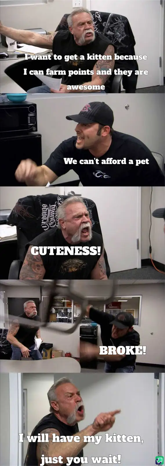 A five-panel meme featuring a man with a white beard and tattoos arguing passionately about getting a kitten, despite his…