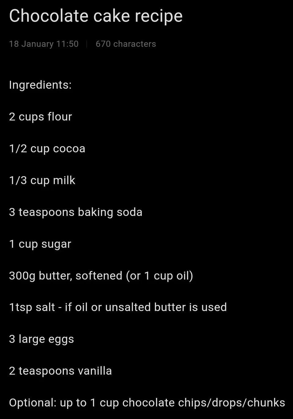 A black-background image displays a chocolate cake recipe with white text listing ingredients like flour, cocoa, milk…