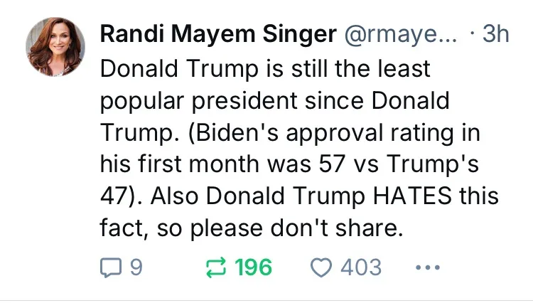 A screenshot of a tweet by Randi Mayem Singer showing approval ratings comparing Donald Trump and Joe Biden, with the text…