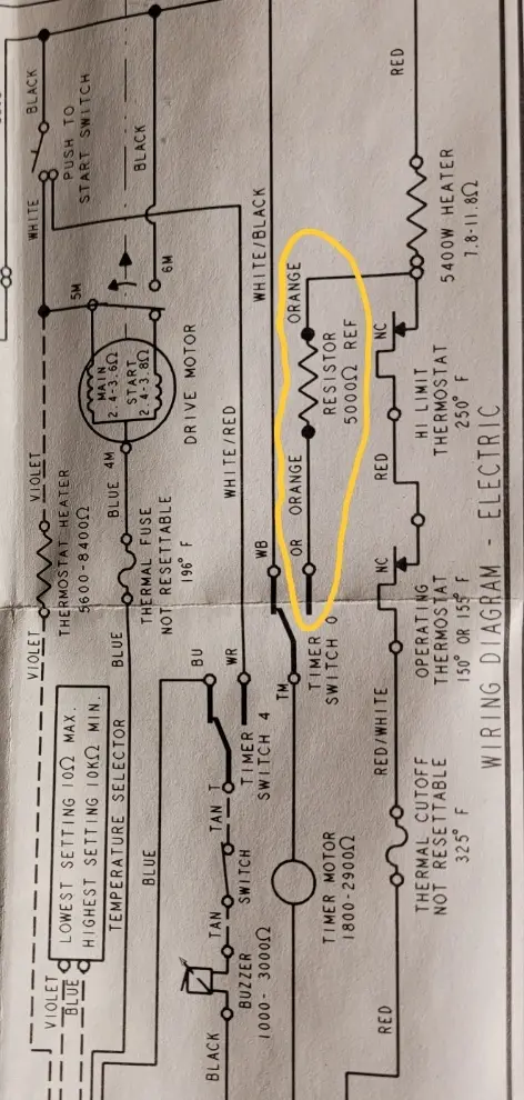 A black-and-white wiring diagram for an electric heater shows a yellow highlight circling a resistor labeled '5000Ω REF'…