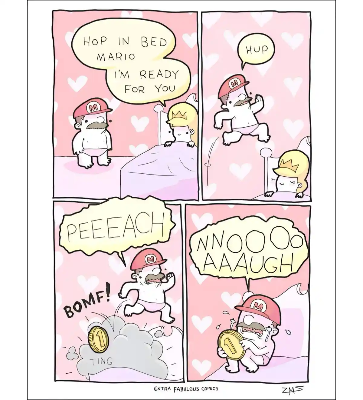 A four-panel comic strip shows Mario in diapers hopping into bed with a sleeping Princess Peach. He hops, pees on a coin…