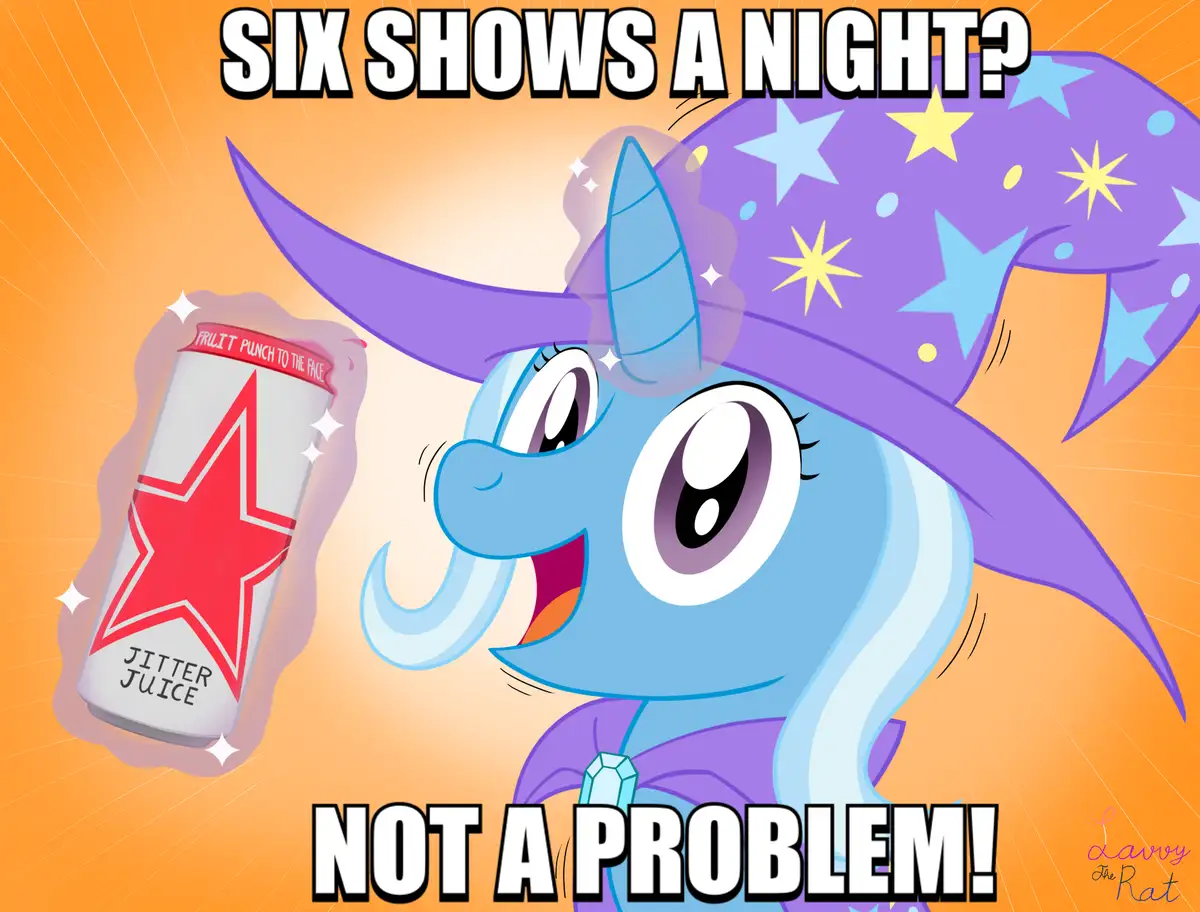 A cartoon blue unicorn wearing a purple wizard hat with stars holds a can labeled 'JITTER JUICE' and 'FRUIT PUNCH TO THE…