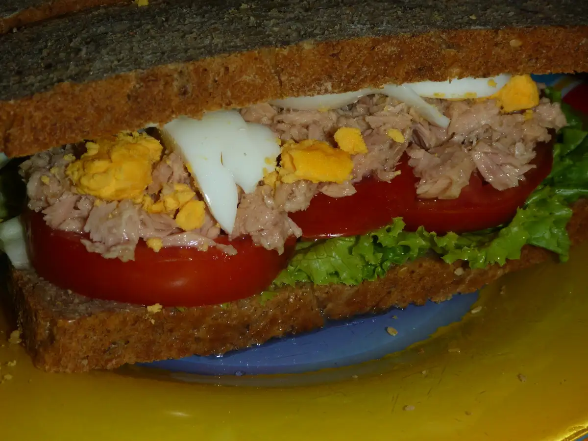 A close-up photo of a tuna sandwich made with dark rye bread, layered with tuna, hard-boiled egg slices, tomato, and…