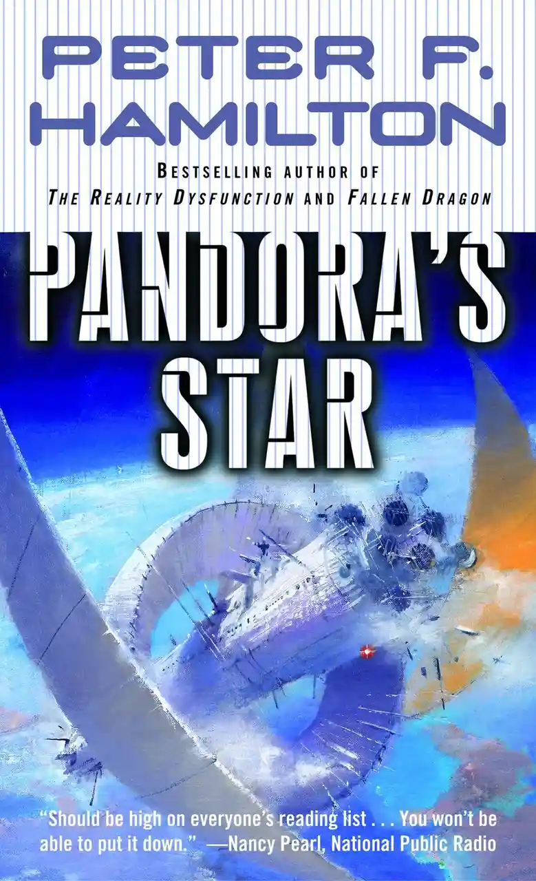 The image is the cover of the science fiction novel 'Pandora's Star' by Peter F. Hamilton. It features a stylized, abstract…