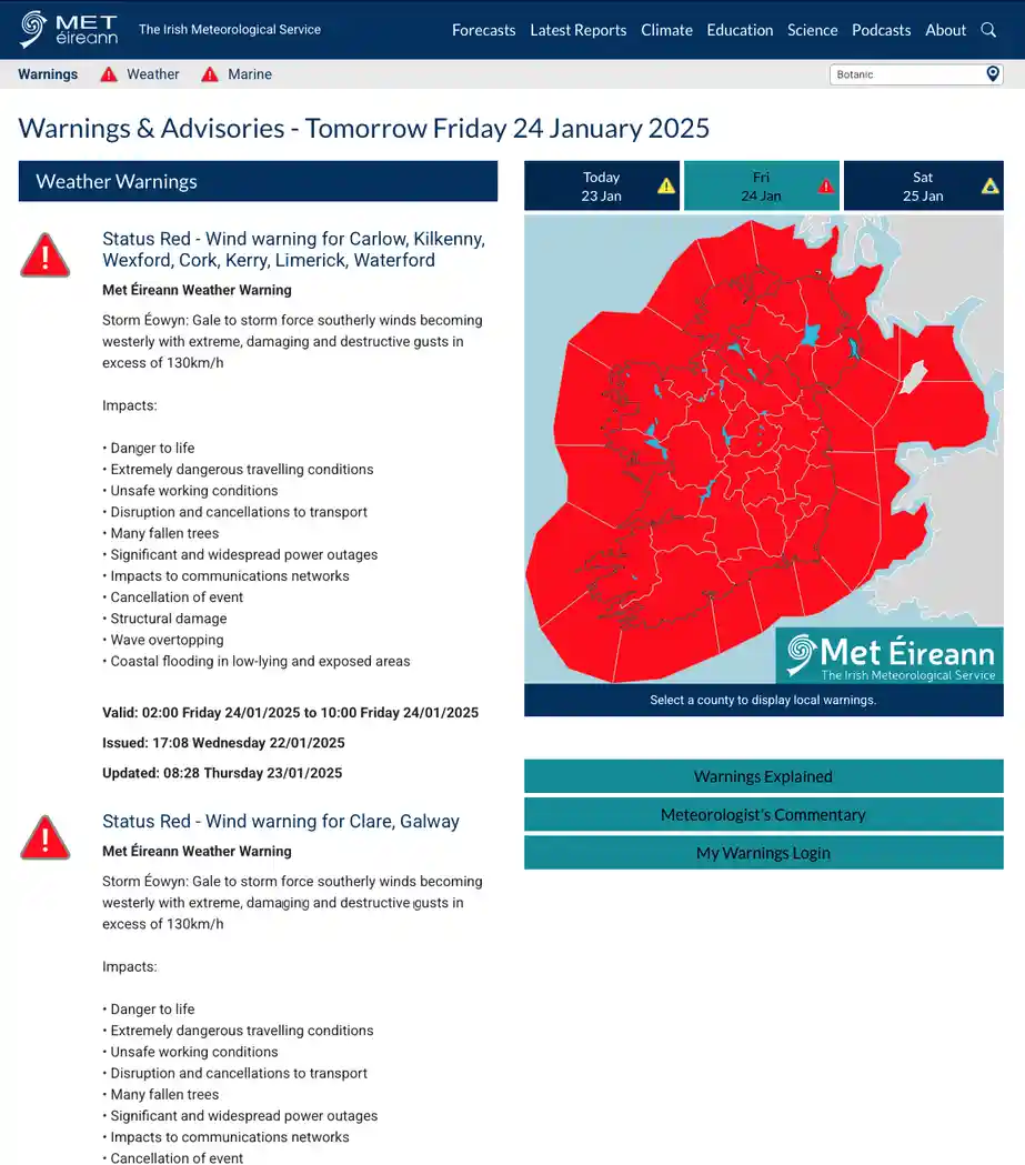A screenshot of the Irish Meteorological Service (Met Éireann) website showing a 'Status Red' wind warning for multiple…