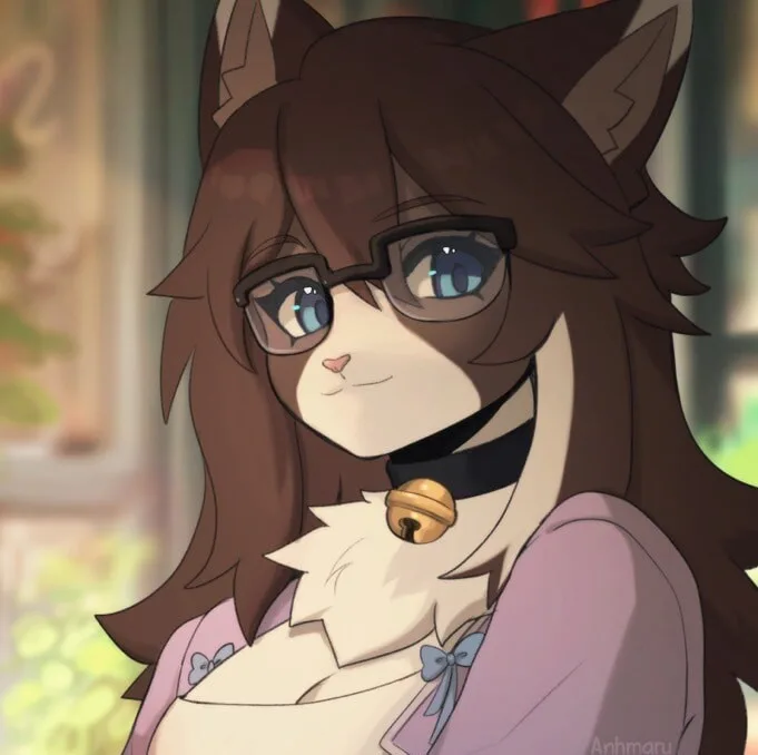 An anime-style illustration of a brown-haired, cat-eared girl with glasses, wearing a pink outfit and a black collar with a…