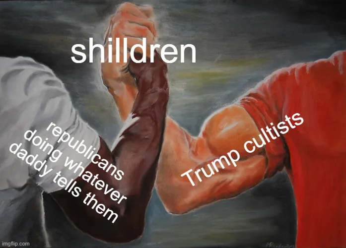 Two muscular arms locked in an arm-wrestling match, one labeled 'shilldren' with 'republicans doing whatever daddy tells…