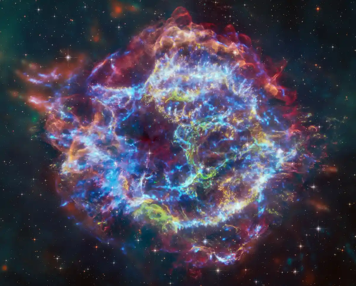 A vibrant, colorful nebula with swirling clouds of blue, red, and green gas against a starry black background, overlaid with…