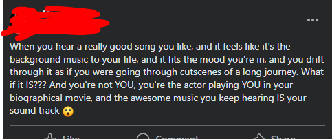 A screenshot of a Facebook post with a long text overlay describing the feeling of a song being deeply personal and fitting…