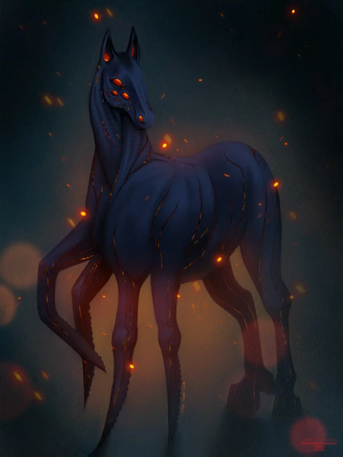 A dark blue, stylized horse with glowing orange eyes and fiery orange lines tracing its body stands against a dark…