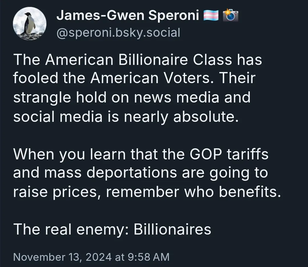 A screenshot of a social media post by James-Gwen Speroni, featuring white text on a dark background. The post critiques the…