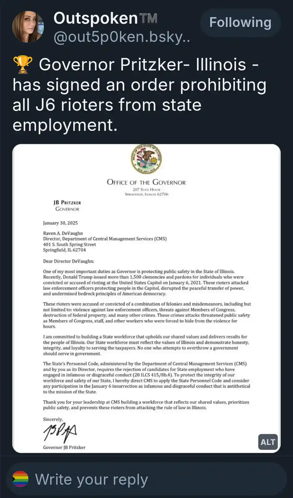 A screenshot of a social media post displaying a letter from the Office of the Governor of Illinois, signed by Governor JB…