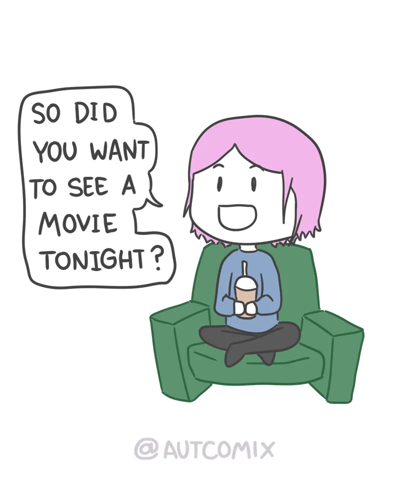 A cartoon person with pink hair sits cross-legged in a green armchair, holding a drink, while a speech bubble asks 'SO DID…