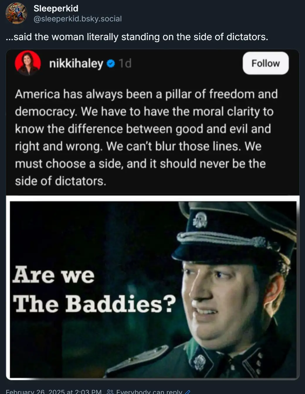 A screenshot of a social media post by Nikki Haley stating America must choose a side and never be on the side of dictators…