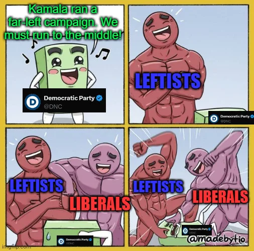 A four-panel comic strip shows a green blocky character labeled 'Democratic Party @DNC' saying 'Kamala ran a far-left…