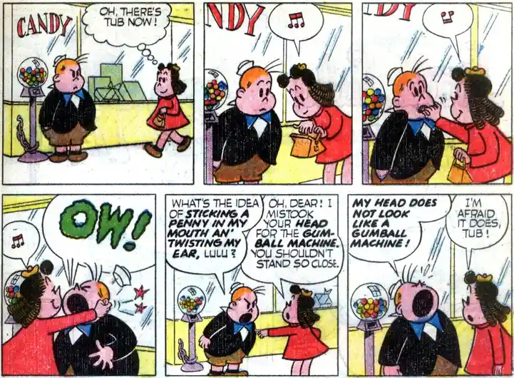 A six-panel comic strip shows a woman mistaking a man's head for a gumball machine and inserting a penny into his ear…