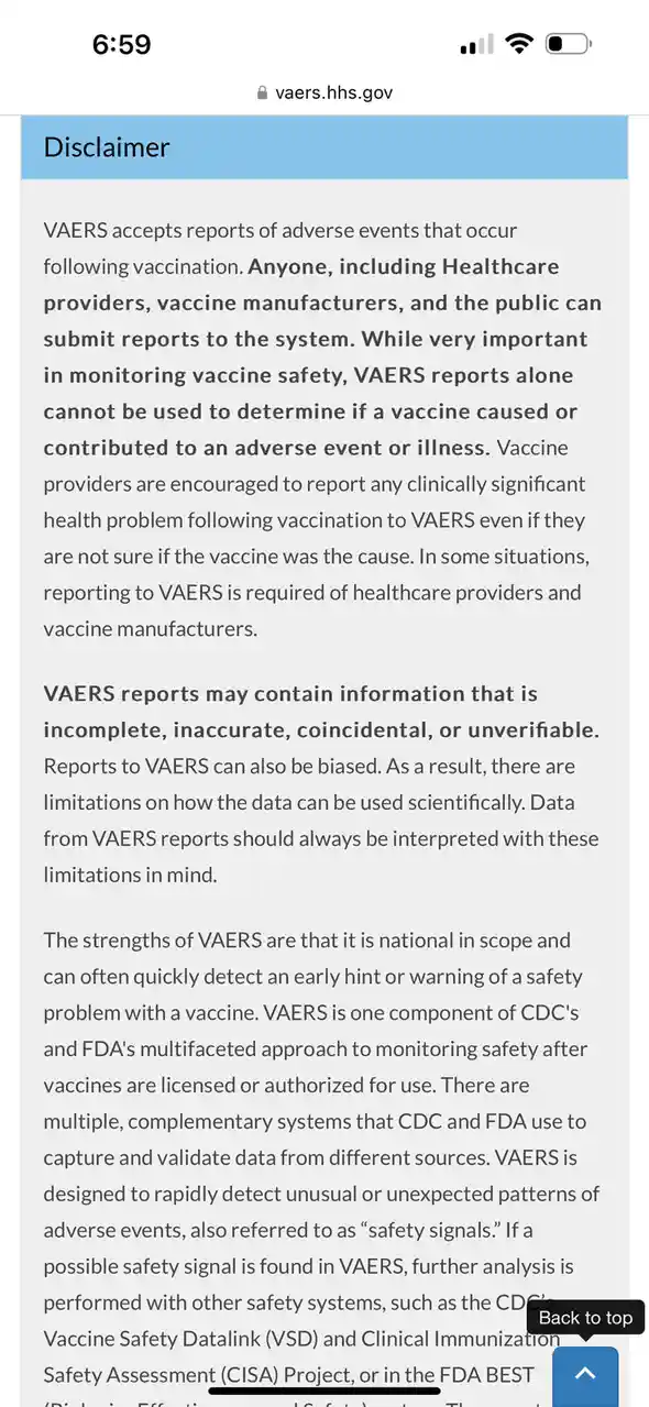 A screenshot of the VAERS (Vaccine Adverse Event Reporting System) disclaimer page from vaers.hhs.gov, showing text about…