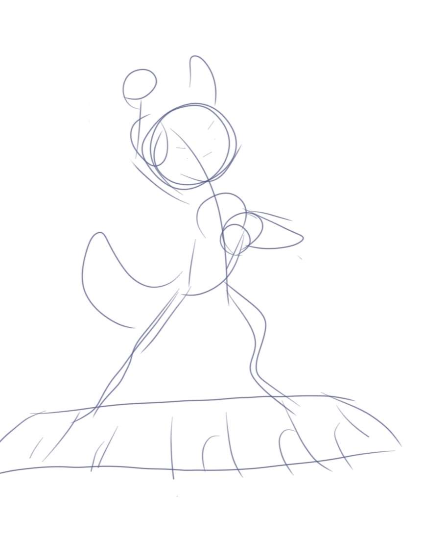 A rough, blue ink sketch of a crudely drawn cartoon character with a large head, antennae, and a flowing skirt, standing on…