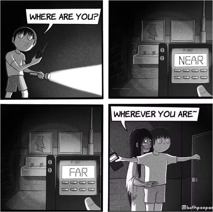 A four-panel black-and-white comic shows a person holding a flashlight and radio asking 'WHERE ARE YOU?' The radio screen…