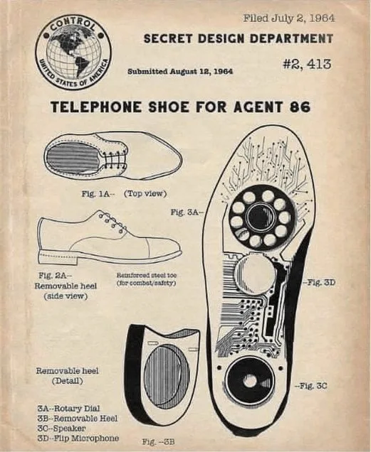 A vintage-style patent document titled 'TELEPHONE SHOE FOR AGENT 86' shows technical drawings of a shoe with a rotary dial…