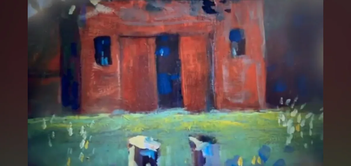 A blurry, painterly image shows a red brick building with dark windows and an open doorway, set against a greenish-yellow…