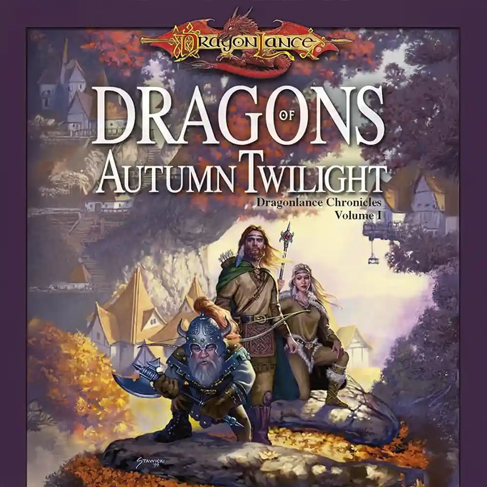 The image is the cover art for the 'Dragonlance Chronicles Volume I' book titled 'Dragons of Autumn Twilight'. It features…