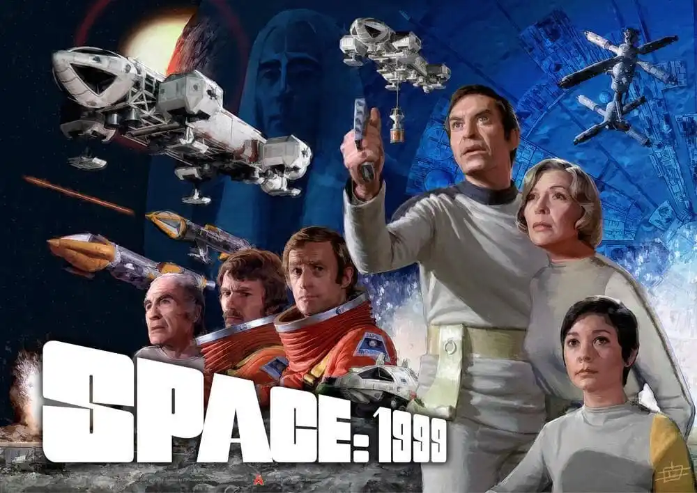 A promotional poster for the science fiction TV series 'Space: 1999' featuring its main cast, including a man in a white…