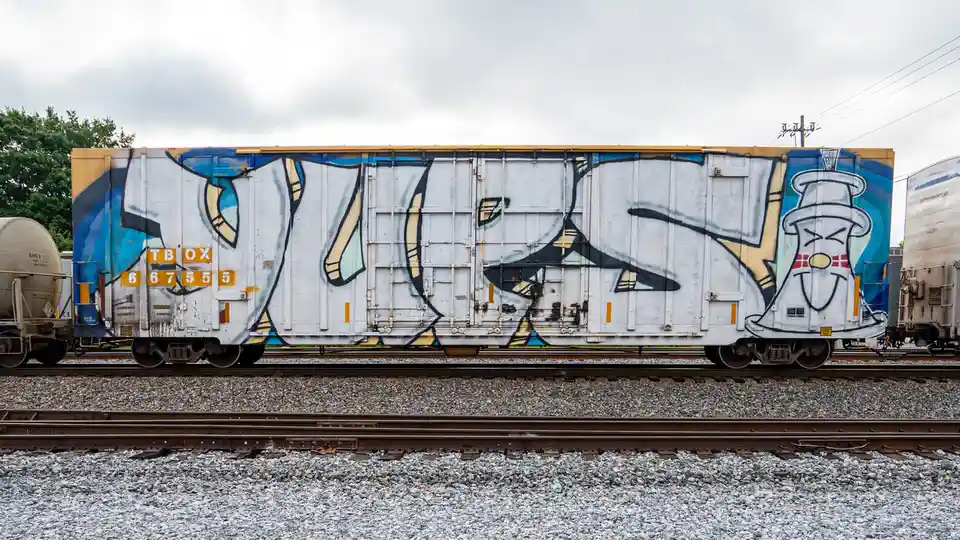 A side view of a white freight train car covered in graffiti, featuring a cartoonish caricature of Donald Trump wearing a…