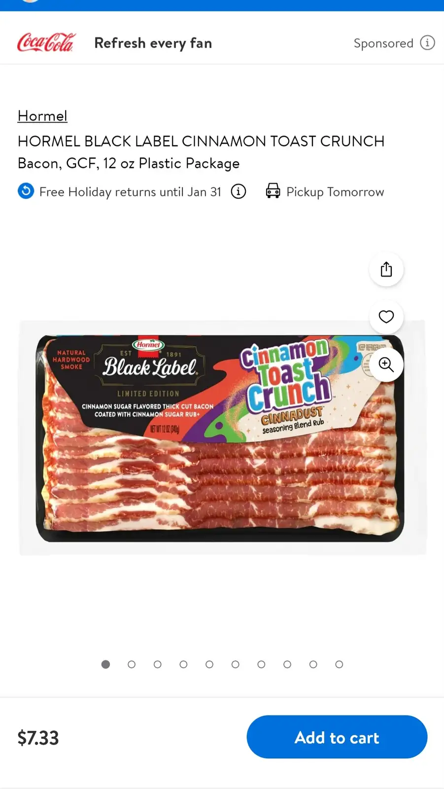 An online grocery product page displays a package of Hormel Black Label Cinnamon Toast Crunch Bacon, a limited edition item…