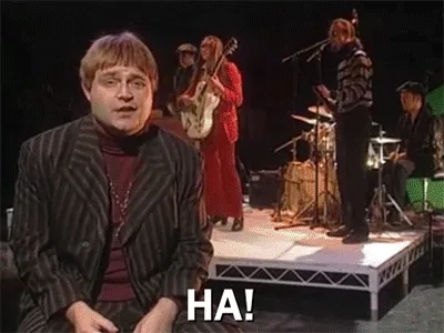 A six-panel image shows a man in a striped jacket reacting to a performance. The top row shows him exclaiming 'HA!', then…