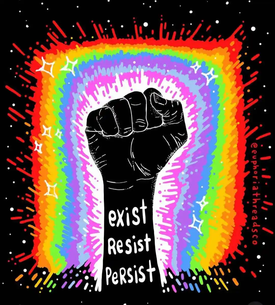 A stylized black-and-white illustration of a raised fist, outlined in white, is centered within a vibrant, multi-layered…