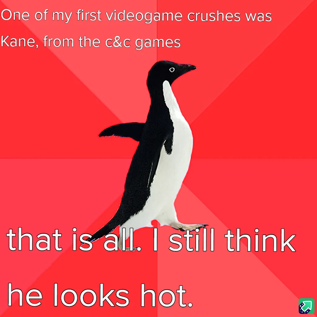A black-and-white penguin stands against a red background with diagonal stripes. White text at the top reads 'One of my…