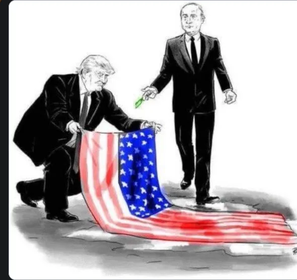 A black-and-white political cartoon depicts Donald Trump kneeling and holding an American flag that is being pulled away…