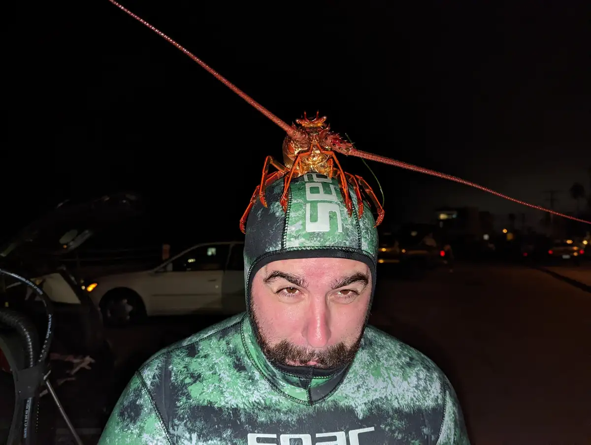 A man in a green and black wetsuit with a hood pulled up stares directly at the camera at night, with a live lobster perched…