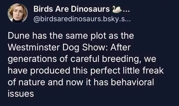 A screenshot of a social media post from 'Birds Are Dinosaurs' with a dark background and white text. The post humorously…