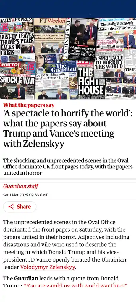 A collage of UK newspaper front pages from March 1, 2025, all featuring dramatic headlines about a meeting between Donald…