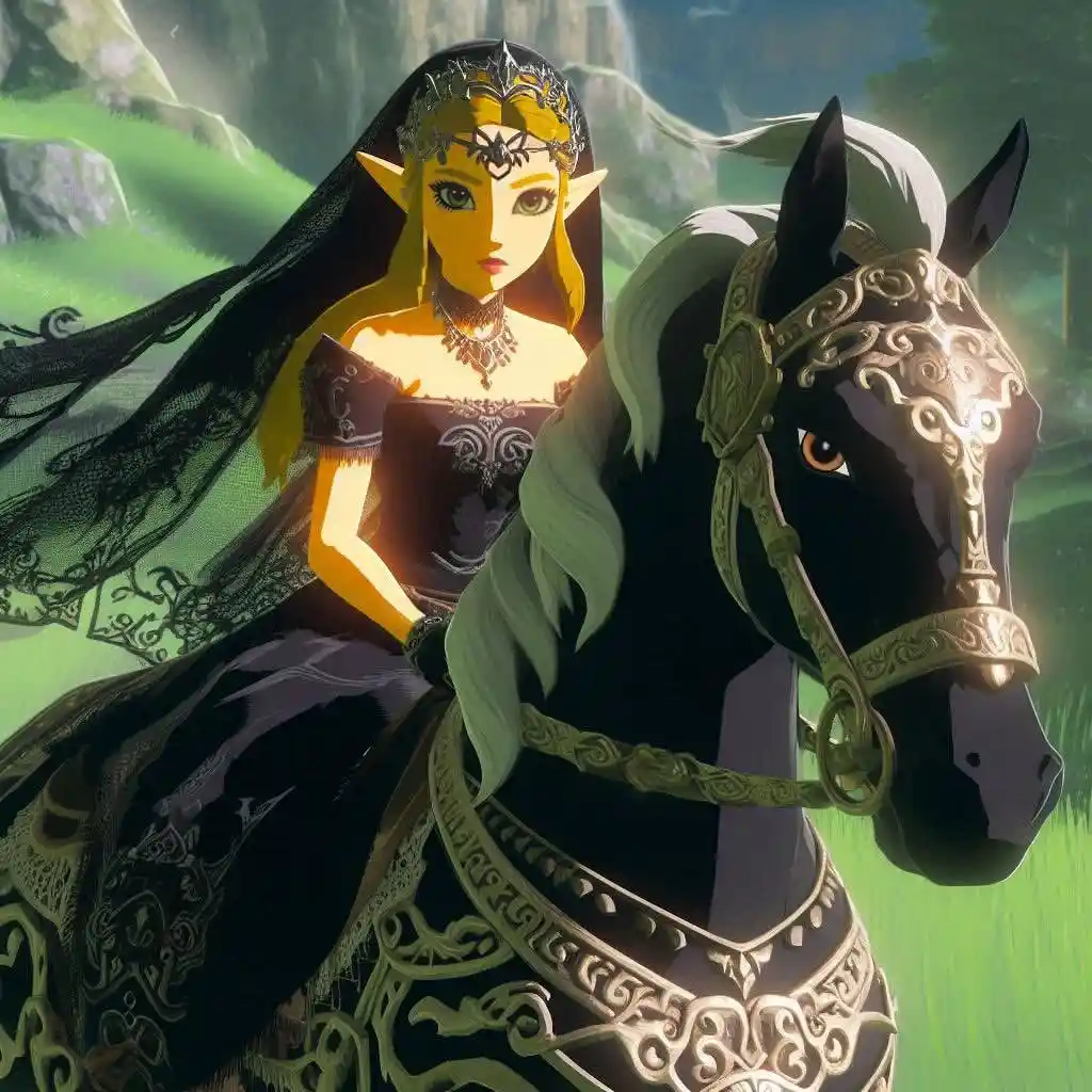 A character with pointed ears, wearing a black lace veil and ornate dark dress, sits atop a black horse adorned with…