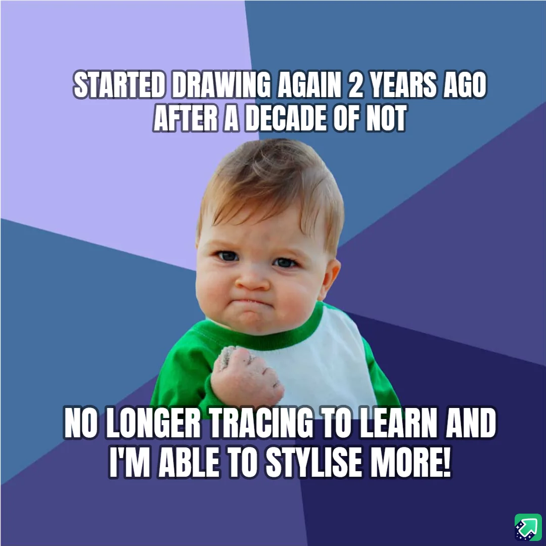 A baby with a smug, self-satisfied expression, wearing a green and white shirt, is shown against a geometric purple and blue…