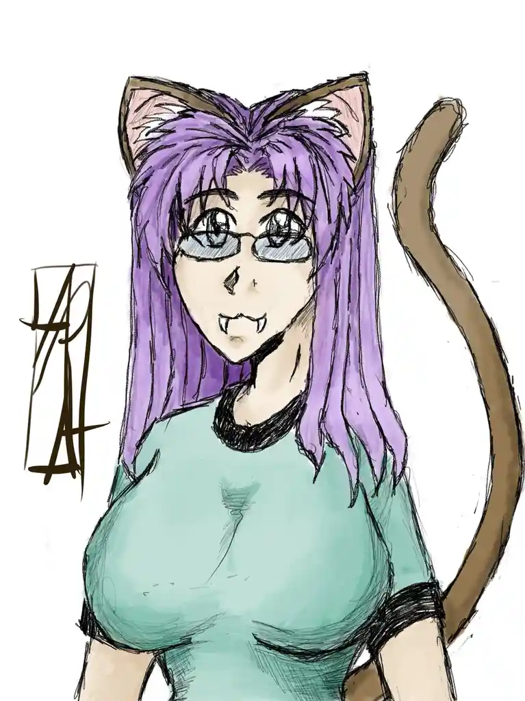 A hand-drawn anime-style illustration of a female character with long purple hair, cat ears, a cat tail, and fangs, wearing…
