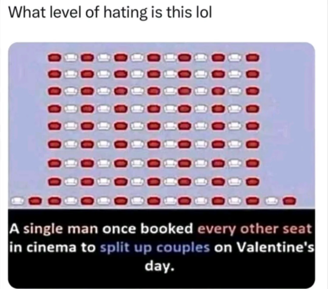 The image shows a grid of red and white cinema seats, with every other seat highlighted in red. Text at the top reads 'What…