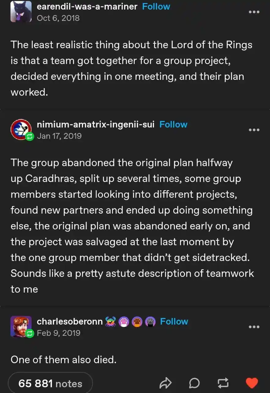 A screenshot of a Tumblr thread showing three comments. The first user says the least realistic thing about Lord of the…