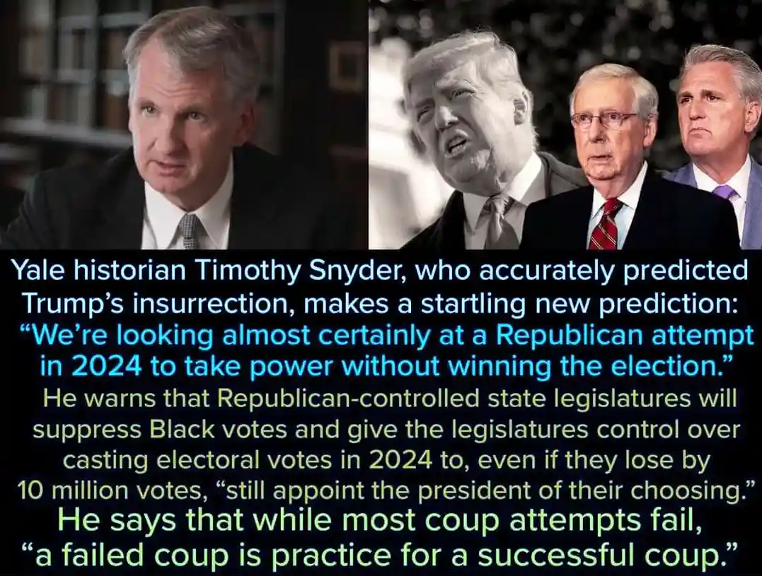 The image displays two side-by-side photos: one of Yale historian Timothy Snyder and another of Donald Trump, Mitch…