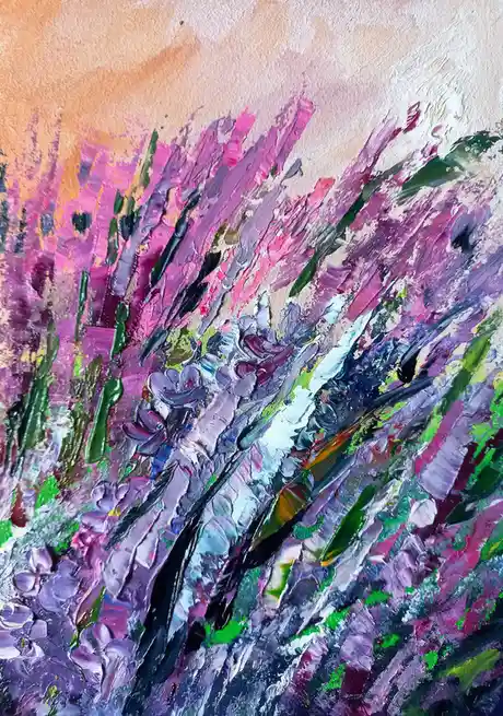 A thickly textured abstract painting with vibrant purple, pink, green, and white brushstrokes resembling a field of flowers…