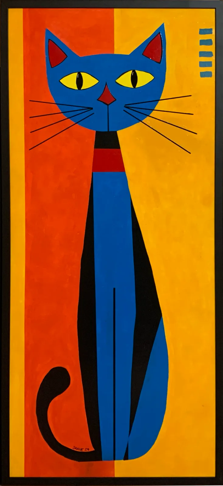 A stylized painting of a blue cat with yellow eyes and red inner ears, standing upright against a split orange and yellow…