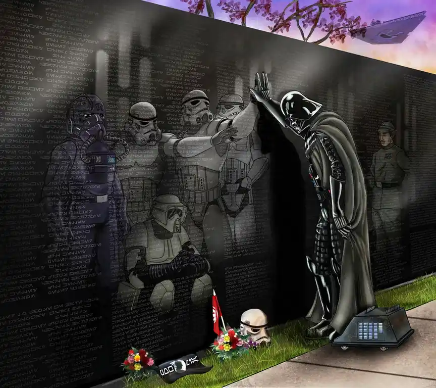A somber scene depicts Darth Vader saluting a large black memorial wall covered in engraved names, surrounded by…