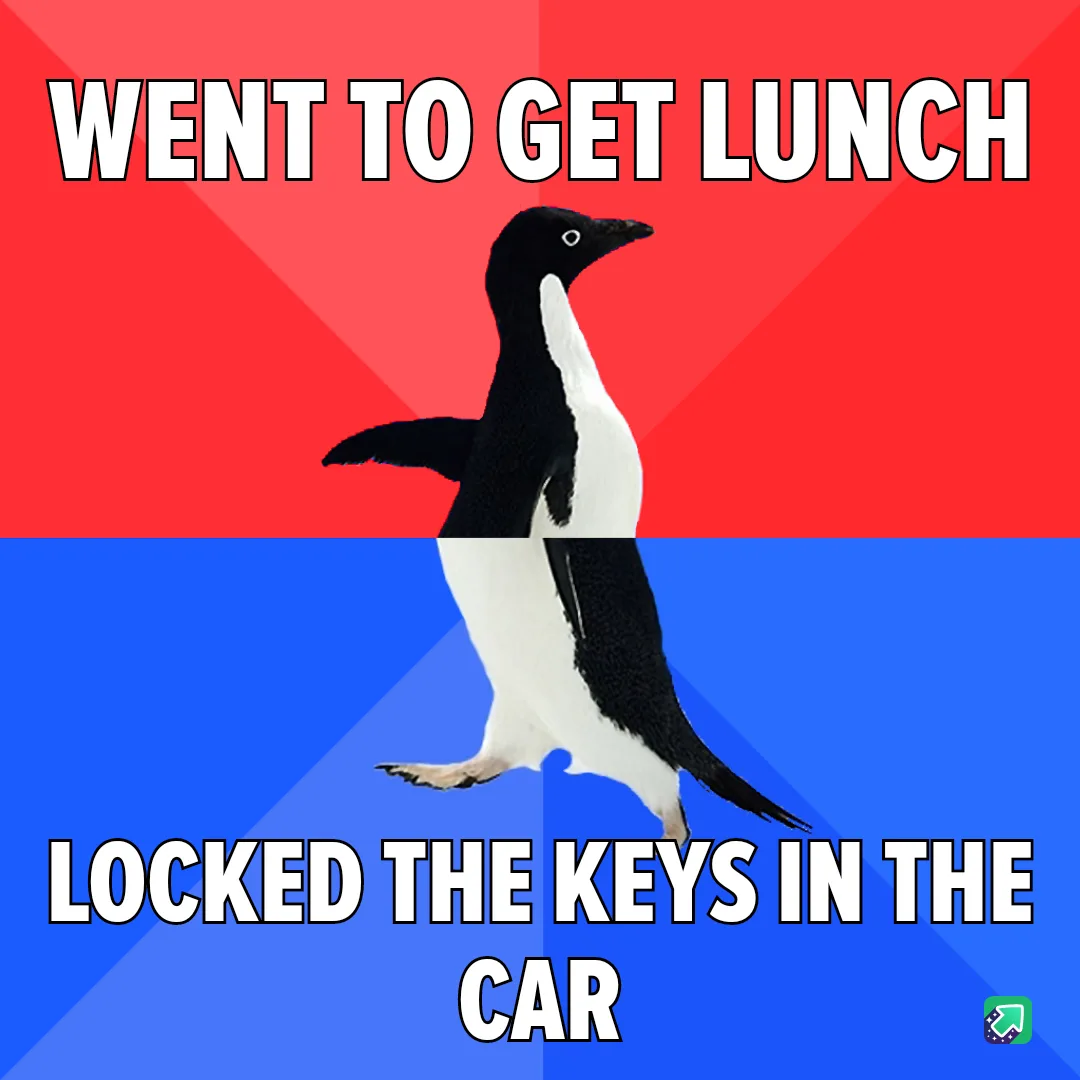 A black-and-white penguin stands centered against a split red and blue background. The top half reads 'WENT TO GET LUNCH'…
