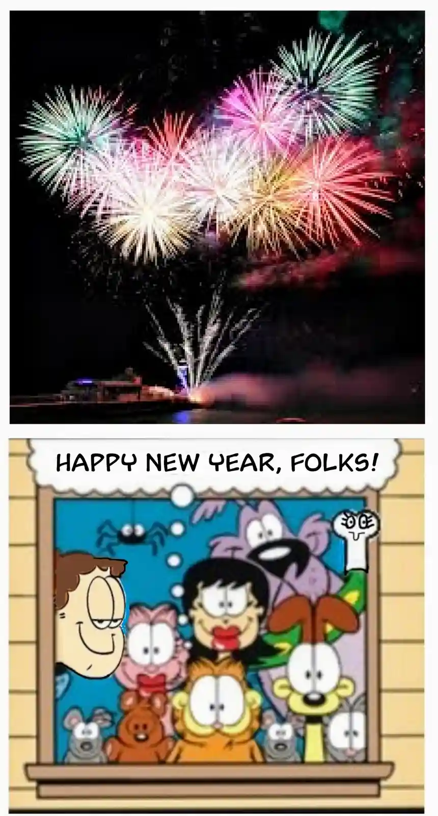 The image is split: the top half shows colorful fireworks exploding over water at night, while the bottom half features a…