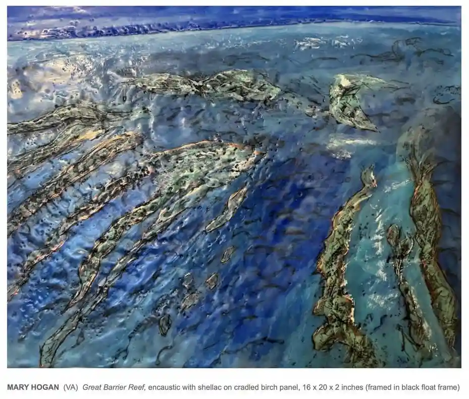 An abstract encaustic painting by Mary Hogan depicts a textured, blue-toned underwater scene resembling coral formations or…