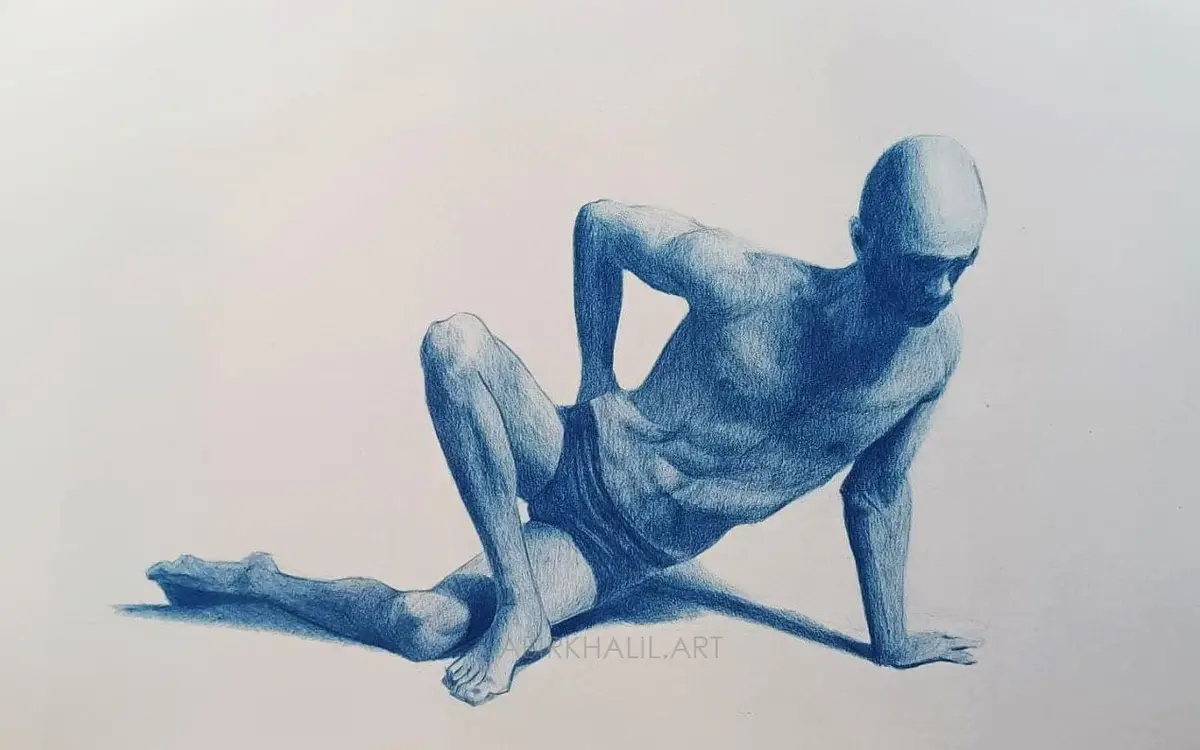 A detailed blue-toned pencil drawing of a muscular, bald man in a low, contorted pose on the floor, one hand on the ground…
