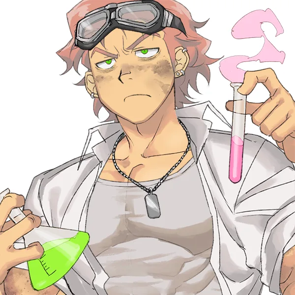 An anime-style male character with pink hair, goggles on his head, and a dirty face holds a test tube with pink liquid and a…